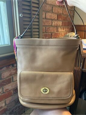 Coach Tan Leather Shoulder Bag with Gold Turn-Lock
